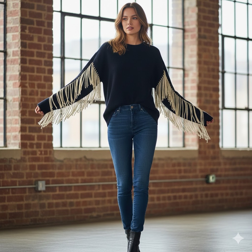 Calvin Klein Collection sweater w rope fringe sleeves